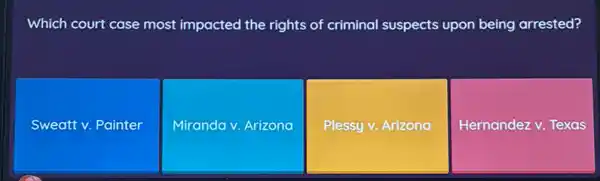 Which court case most impacted the rights of criminal suspects upon being arrested?
Sweatt v. Painter
Miranda v. Arizona
Plessy v. Arizona
Hernandez v. Texas