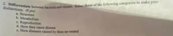 distinctions.(6 pts)
distinctionate between bacteria and viruses. Select three of the following categories to make your
a. Structure
b Metabolism
c. Reproduction
d. How they cause disease
e. How diseases caused by them are treated