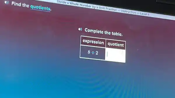 Divide a Whole Number by a Unit Fraction - Instruction - Level E
Find the quotients.
Complete the table.

 expression & quotient 
 8 div 2 & 1