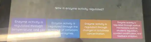 How is enzyme activity regulated?
Enzyme activity is
regulated through
temperature and pH
Enzyme activity is
regulated through the
presence of cofactors
penzymes.
Enzyme activity is
regulated through
changes in substrate
concentration.
Enzyme activity is
regulated through various
mechanisms such as
allosteric regulation,
covalent modification, and
feedback inhibition.