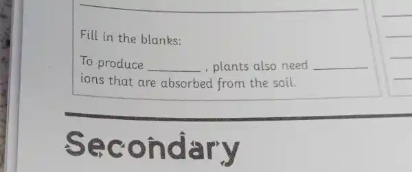 Fill in the blanks:
To produce __ ,plants also need __
ions that are absorbed from the soil.
Secondary