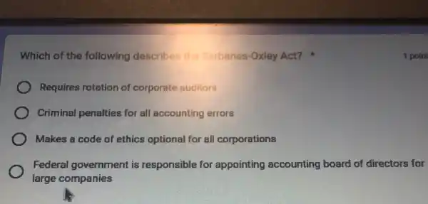 Which of the following describes the Sarbanes-Oxley Act?
Requires rotation of corporate auditors
Criminal penalties for all accounting errors
Makes a code of ethics optional for all corporations
Federal government is responsible for appointing accounting board of directors for
large companies
1 poin