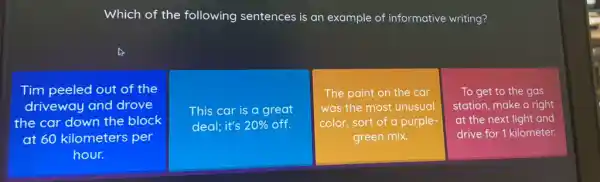 Which of the following sentences is an example of informative writing?
Tim peeled out of the
driveway and drove
the car down the block
at 60 kilometers per
This car is a great
deal; it's 20%  off.
The paint on the car
was the most unusual
color, sort of a purple-
green mix.
To get to the gas
station, make a right
at the next light and
drive for 1 kilometer.