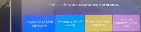 What is the function of carbohydrates in biomolecules?
Regulation of gene
expression
Primary source of
energy
Transport of oxygen
in the blood
Structural
component of cell
walls