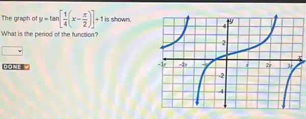 The graph of y=tan[(1)/(4)(x-(pi )/(2))]+1 is shown.
What is the period of the function?
square 
DONE V