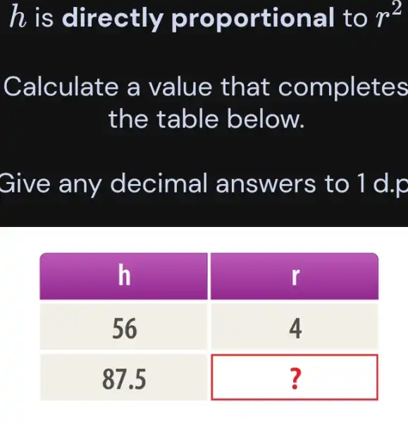 h is directly proportional to r^2 
Calculate a value that completes the table below.
Give any decimal answers to 1 d.p

 mathrm(h) & mathrm(r) 
 56 & 4 
 87.5 & ?