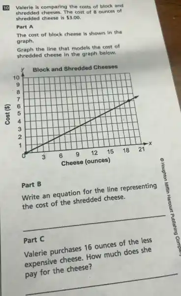 ID Valerie is comparing the costs of block and
shredded cheeses.The cost of 8 ounces of
shredded cheese is
 3.00
Part A
The cost of block cheese is shown in the
graph.
Graph the line that models the cost of
shredded cheese in the graph below.
Part B
Write an equation for the line representing
the cost of the shredded cheese.
__
Part C
Valerie purchases 16 ounces of the less
expensive cheese How much does she
pay for the cheese?