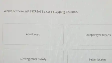 Which of these will INCREASE a car's stopping distance?
A wet road
Deeper tyre treads
Driving more slowly
Better brakes