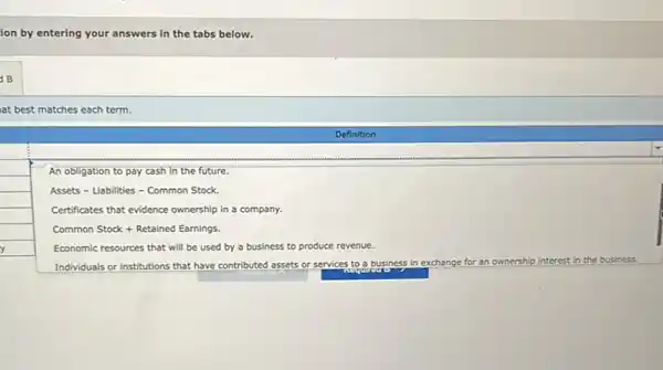 ion by entering your answers in the tabs below.
18
lat best matches each term.
Definition
An obligation to pay cash in the future.
Assets - Liabilities -Common Stock.
Certificates that evidence ownership in a company.
Common Stock+Retained Earnings
Economic resources that will be used by a business to produce revenue.
Individuals or institutions that have contributed assets or services to a business in e exchange for an ownership interest in the business.