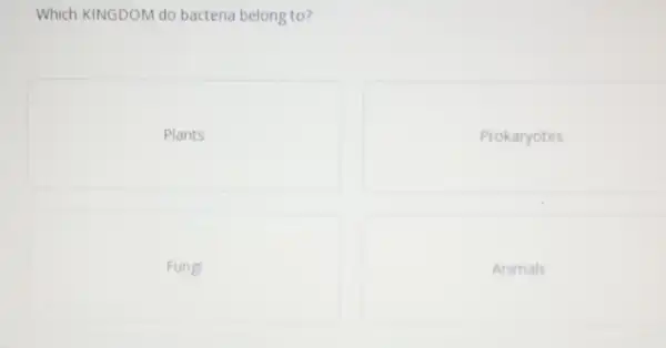 Which KINGDOM do bacteria belong to?
Plants
Prokaryotes
Fungi
Animals