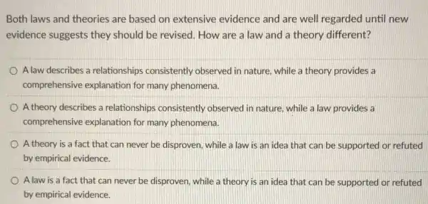 Both laws and theories are based on extensive evidence and are well regarded until new
evidence suggests they should be revised How are a law and a theory different?
A law describes a relationships consistently observed in nature, while a theory provides a
comprehensive explanation for many phenomena.
A theory describes a relationships consistently observed in nature, while a law provides a
comprehensive explanation for many phenomena.
A theory is a fact that can never be disproven, while a law is an idea that can be supported or refuted
by empirical evidence.
A law is a fact that can never be disproven, while a theory is an idea that can be supported or refuted
by empirical evidence.