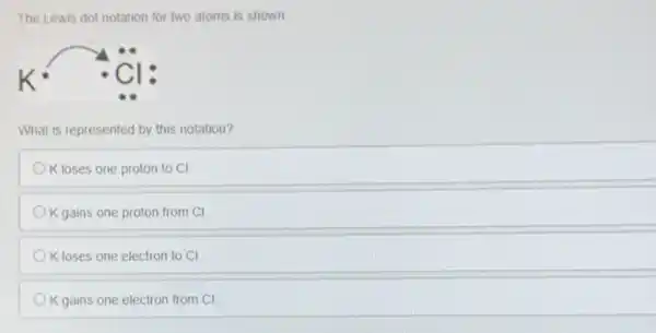 The Lewis dot notation for two atoms is shown.
What is represented by this notation?
K loses one proton to CI
K gains one proton from CI
K loses one electron to CI
K gains one electron from CI.