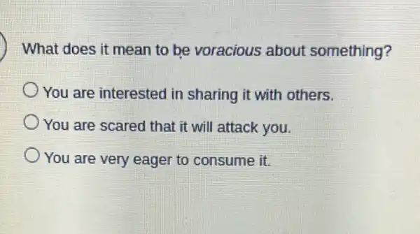 What does it mean to be voracious about something?
You are interested in sharing it with others.
You are scared that it will attack you.
You are very eager to consume it.