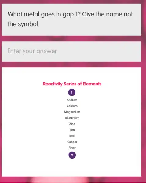 What metal goes in gap 1?Give the name not
the symbol.
Enter your answer
Reactivity Series of Elements
1
Sodium
Calcium
Magnesium
Aluminium
Zinc
Iron
Lead
Copper
Silver
2
