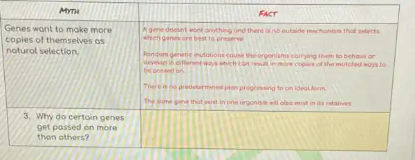 MVTH & FACT 
 }(l)
Genes want to make more 
copies of themselves as 
natural selection.
 & 
A gene doesnt wont anything and there is no outside mechanism that selects 
which genes are best to preserve
 
 
Random genetic mutations couse the organisms corrying them to behave or 
develop in different ways which can result in more copies of the mutated ways to 
be passed on.
 
 
There is no predetermined plan progressing to an ideal form. 
The same gene that exist in one organism will also exist in its relatives
 
 
3. Why do certain genes 
get passed on more 
than others?
 &