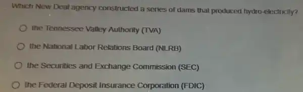 Which New Deal agency constructed a series of dams that produced hydro -electricity?
the Tennessee Valley Authority (TVA)
the National Labor Relations Board (NLRB)
the Securities and Exchange Commission (SEC)
the Federal Deposit Insurance Corporation (FDIC)