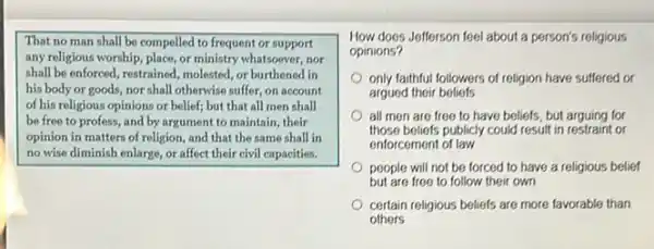 That no man shall be compelled to frequent or support
any religious worship, place or ministry whatsoever, nor
shall be enforced, restrained ,molested, or burthened in
his body or goods nor shall otherwise suffer on account
of his religious opinions or belief; but that all men shall
be free to profess and by argument to maintain, their
opinion in matters of religion, and that the same shall in
no wise diminish enlarge,or affect their civil capacities.
How does Jefferson feel about a person's religious
opinions?
only faithful followers of religion have suffered or
argued their beliefs
all men are free to have beliefs, but arguing for
those beliefs publicly could result in restraint or
enforcement of law
people will not be forced to have a religious belief
but are free to follow their own
certain religious beliefs are more favorable than
others