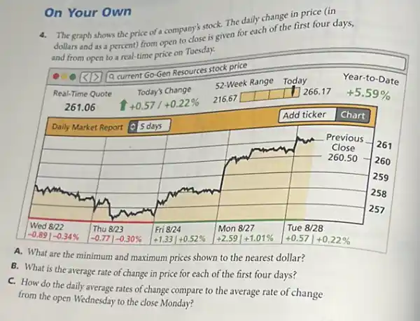 On Your Own
4. The graph shows the price of a company's stock.The daily change in price (in
dollars and as a percent) from open to close is given for each of the first four days,
and from open to a real-time price on Tuesday.
square 
square 
square 
square 
square 
square 
square 
square 
square 
square 
square 
square 
square 
square 
square 
square 
square 
square 
square 
square 
square 
square 
A. What are the minimum and maximum prices shown to the nearest dollar?
B. What is the average rate of change in price for each of the first four days?
C. How do the daily average rates of change compare to the average rate of change
from the open Wednesday to the close Monday?