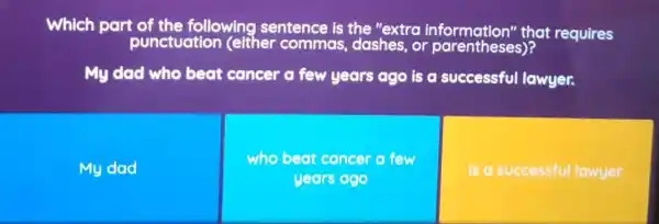 Which part of the following sentence is the "extra information" that requires
punctuation (either commas dashes,or parentheses)?
My dad who beat cancer a few years ago is a successful lawyer.
My dad
who beat cancer a few
years ago
is a successful lawyer.