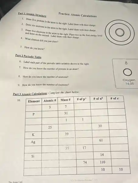 Part I Atomic Structure
Practice: Atomic Calculations
1. Draw five protons in the atom to the right. Label them with their charge.
2. Draw six neutrons in the atom to the right. Label them with their charge.
3. Draw five electrons in the atom to the right. Place two on the first energy level and three on the second. Label them with their charge.
4. What element did you just draw?
5. How do you know?
Part 2 Periodic Table
6. Label each part of the periodic table notation shown to the right.
7. How do you know the number of protons in an atom?
8. How do you know the number of neutrons?
9. How do you know the number of electrons?
Part 3 Atomic Calculations: Complete the chart below.
10.

 Element & Atomic # & Mass # & # of mathrm(p)^+ & # of mathrm(n)^0 & # of mathrm(e)^- 
 & 3 & 7 & & & 
 mathrm(P) & & 31 & & & 
 & & 1 & 1 & & 
 & 25 & & & 30 & 
 mathrm(K) & & 39 & & & 
 mathrm(Ag) & & & & 61 & 
 & & 35 & 17 & & 
 Si & & & & 14 & 
 & & & 74 & 110 & 
 & & & & 10 & 10