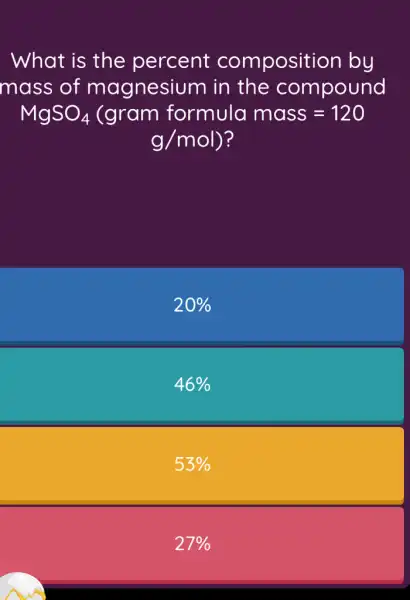 What is the percent composition by
mass of magnesium in the compound
MgSO_(4) (gram formula mass=120
g/mol
20% 
46% 
53% 
27%