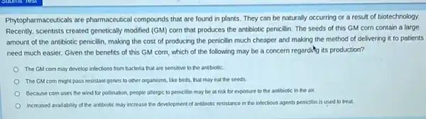 Phytopharmaceuticals are pharmaceutica compounds that are found in plants. They can be naturally occurring or a result of biotechnology.
Recently, scientists created genetically modified (GM) corn that produces the antibiotic penicillin The seeds of this GM corn contain a large
amount of the antibiotic penicillin, making the cost of producing the penicillin much cheaper and making the method of delivering it to patients
need much easier. Given the benefits of this GM corn, which of the following may be a concern regarding its production?
The GM corn may develop infections from bacteria that are sensitive to the antibiotic.
The GM corn might pass resistant genes to other organisms, like birds.that may eat the seeds.
Because corn uses the wind for pollination, people allergic to penicillin may be at risk for exposure to the antibiotic in the air.
Increased availability of the antibiotic may increase the development of antibiotic resistance in the infectious agents penicillin is used to treat.