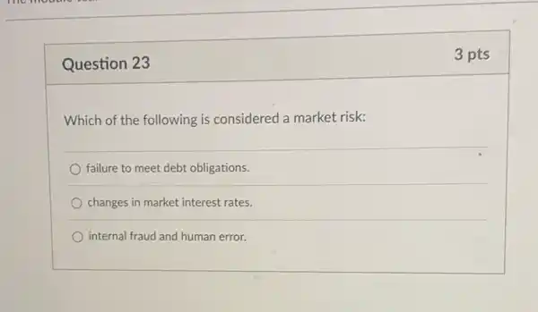 Question 23
Which of the following is considered a market risk:
failure to meet debt obligations.
changes in market interest rates.
internal fraud and human error.
3 pts