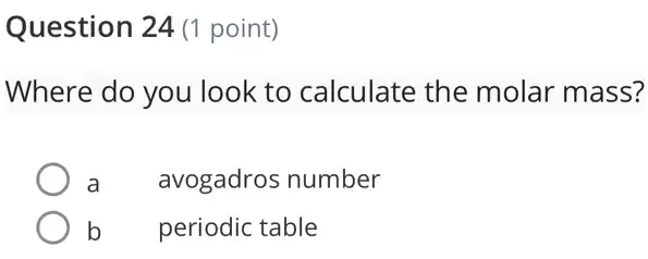 Question 24 (1 point)
Where do you look to calculate the molar mass?
a
avogadros number
b
periodic table