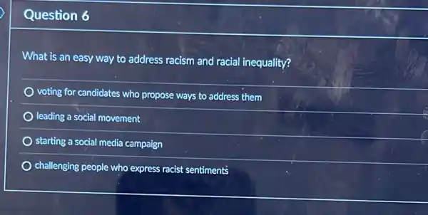 Question 6
What is an easy way to address racism and racial inequality?
voting for candidates who propose ways to address them
leading a social movement
starting a social media campaign
challenging people who express racist sentiment's