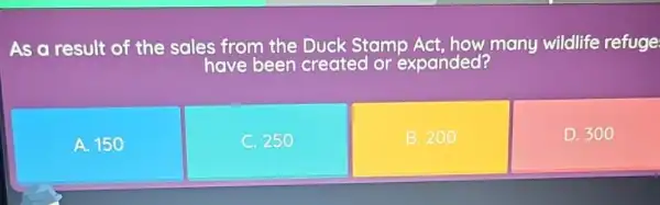 As a result of the sales from the Duck Stamp Act,how many wildlife refuge
have been created or expanded?
A. 150
C. 250
B. 200
D. 300