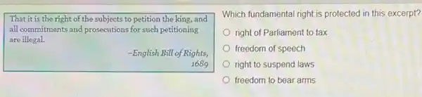 That it is the right of the subjects to petition the king, and
all commitments and prosecutions for such petitioning
are illegal.
-English Bill of Rights,
1689
Which fundamental right is protected in this excerpt?
right of Parliament to tax
freedom of speech
right to suspend laws
freedom to bear arms