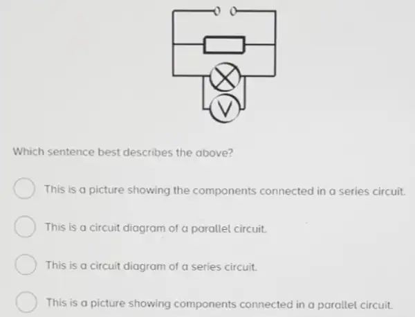 Which sentence best describes the above?
This is a picture showing the components connected in a series circuit.
This is a circuit diagram of a parallel circuit.
This is a circuit diagram of a series circuit.
This is a picture showing components connected in a parallel circuit.