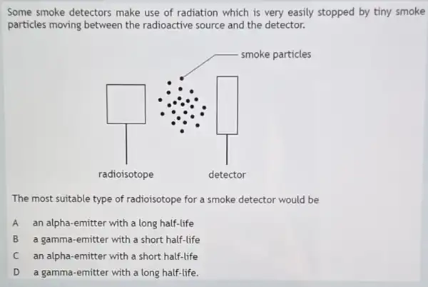 Some smoke detectors make use of radiation which is very easily stopped by tiny smoke
particles moving between the radioactive source and the detector.
square 
square 
The most suitable type of radioisotope for a smoke detector would be
A an alpha-emitter with a long half-life
B a gamma-emitter with a short half-life
C an alpha-emitter with a short half-life
D a gamma-emitter with a long half-life.