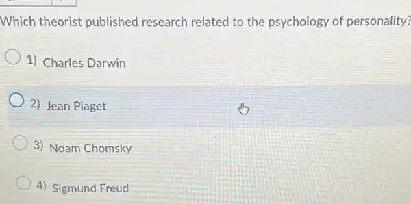 Which theorist published research related to the psychology of personality?
1) Charles Darwin
2) Jean Piaget
3) Noam Chomsky
4) Sigmund Freud