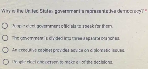 Why is the United State: government a representative democracy?
People elect government officials to speak for them.
The government is divided into three separate branches.
An executive cabinet provides advice on diplomatic issues.
People elect one person to make all of the decisions.