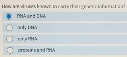 How are viruses known to carry their genetic information?
RNA and DNA
only DNA
only RNA
proteins and RNA