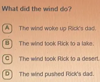 What did the wind do?
A The wind woke up Rick's dad.
B The wind took Rick to a lake:
C The wind took Rick to a desert.
(D) The wind pushed Rick's dad. D