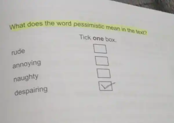 What does the word pessimistic mean in the text?
rude
annoying
naughty
despairing
Tick one box
square 
square 
square 
square