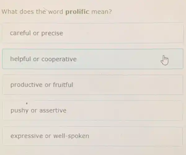 What does the word prolific mean?
careful or precise
helpful or cooperative
productive or fruitful
pushy or assertive
expressive or well-spoken