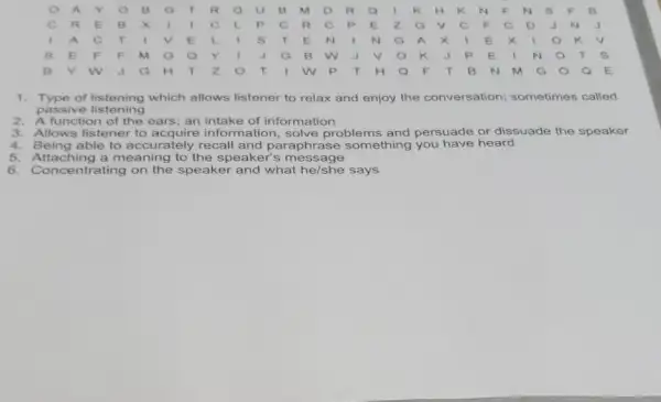 Y	B G T	u B M D R Q	K H K N F N S F B
C R E B x	c L P c R c P E z G V C F	D J N J
A C T . v E L	s T E N	N G A x	E x	K v
s E F F M	o Y	J G B	J v	K J P E	N	T
B Y w J G H T z	T	w P T H Q F T B N m G	a E
1. Type of listening which allows listener to relax and enjoy the conversation; sometimes called
passive listening
2.A function of the ears; an intake of information
3. Allows listener to acquire information, solve problems and persuade or dissuade the speaker
4. Being able to accurately recall and paraphrase something you have heard
5. Attaching a meaning to the speaker 's message
5. Attaching a mean the speaker and what he/she says