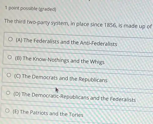 1 point possible (graded)
The third two-party system in place since 1856 is made up of
(A) The Federalists and the Anti-Federalists
(B) The Know-Nothings and the Whigs
(C) The Democrats and the Republicans
(D) The Democratic -Republicans and the Federalists
(E) The Patriots and the Tories