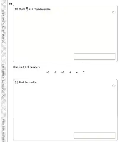 10
(a) Write (15)/(7) as a mixed number.
(1)
square 
square 
(b) Find the median.