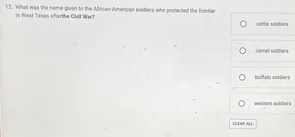 12. What was the name given to the African-American soldiers who protected the frontier
in West Texas afterthe Civil War?
cattle soldiers
camel soldiers
buffalo soldiers
western soldiers