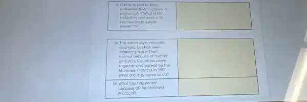 13. Ozone is sold to block & 
ultraviolet (UV) radiation in 
paragraph 2. What is UV 
radiation, and what is its 
connection to ozone 
depletion?