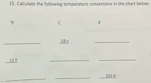 15. Calculate the following temperature conversions in the chart below.
{}^0F
C
K
__
18 c
__
__
__
__
__