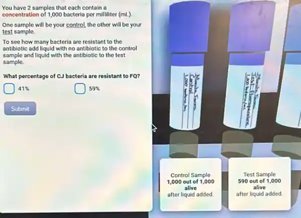 You have 2 samples that each contain a concentration of 1,000 bacteria per milliliter (mL). One sample will be your control, the other will be your test sample.
To see how many bacteria are resistant to the antibiotic add liquid with no antibiotic to the control sample and liquid with the antibiotic to the test sample.
What percentage of mathrm(CJ) bacteria are resistant to mathrm(FQ) ?
 41 % 
 59 % 
Submit