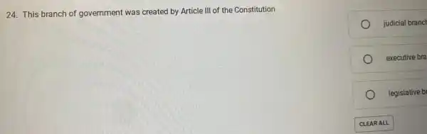 24. This branch of government was created by Article III of the Constitution
judicial branc
executive bra
legislative b