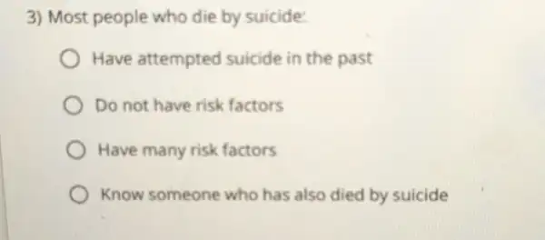 3) Most people who die by suicide:
Have attempted suicide in the past
Do not have risk factors
Have many risk factors
Know someone who has also died by suicide