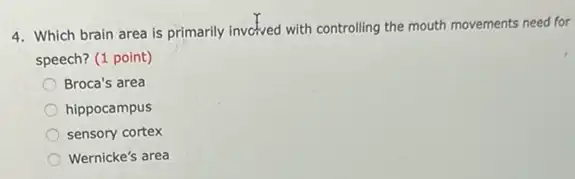 4. Which brain area is primarily invelved with controlling the mouth movements need for
speech? (1 point)
Broca's area
hippocampus
sensory cortex
__
__
Wernicke's area
__