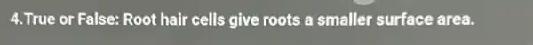 4. True or False Root hair cells give roots a smaller surface area.